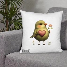 Perna Decorativa Pasare Verde cu Inima si Floare, 40x40 cm, Alb Pufos, Husa Detasabila, Perna Inclusa, BEKZ®
