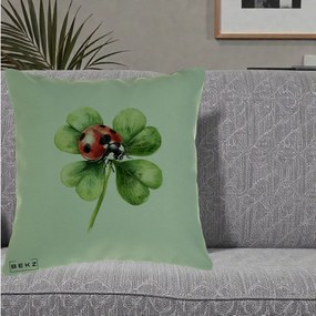 Perna Decorativa Buburuza Norocoasa pe Trifoi cu Patru Foi, 40x40 cm, Verde, Husa Detasabila, Perna Inclusa, BEKZ®