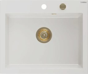 Mexen Elix chiuvetă din granit cu 1 compartiment 600 x 500 mm, albă, sifon auriu - 6525601005-20-G