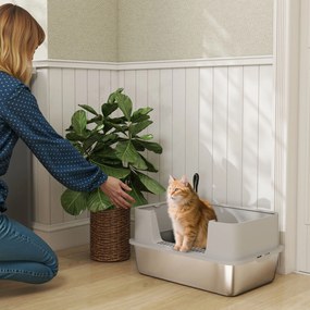 PawHut Cutie de Nisip pentru Pisici din Oțel Inoxidabil XL cu Bordo Înalt Lopată Ușor de Curățat Anti-Scurgeri 60x40x29,5 cm Gri | Aosom Romania