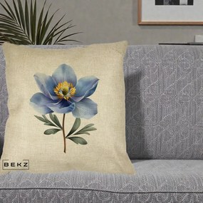 Perna Decorativa Anemona Albastra Botanica, 40x40 cm, Crem, Husa Detasabila, Perna Inclusa, BEKZ®