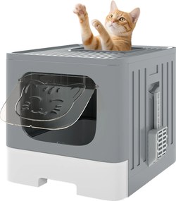 PawHut Litieră pliabilă pentru pisici M cu capac grilaj Tavă detașabilă Lopată Cârlig lateral Ușor de curățat Etanșă Gri | Aosom Romania