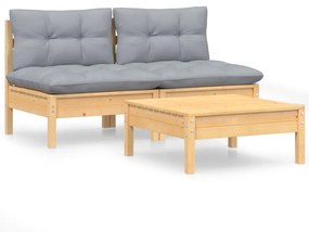 Set mobilier de gradina cu perne gri, 3 piese, lemn de pin Maro  si gri, 1