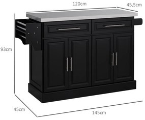 HOMCOM Insulă de bucătărie pe roți Blat din oțel inoxidabil Sertare Rafturi reglabile Suport pentru condimente Suport prosoape 145x45x93 cm Negru | Aosom Romania