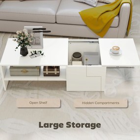 HOMCOM Măsuță de Cafea din Lemn cu Blat Glisant și Raft Deschis și Ascuns, 110x52x36 cm, Alb | Aosom Romania