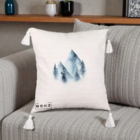 Perna Decorativa Munti Inzapeziti Acuarela Indigo, 40x40 cm, Bej cu Franjuri, Husa Detasabila, Perna Inclusa, BEKZ®