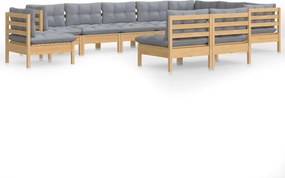 vidaXL Set mobilier grădină cu perne, 10 piese, gri, lemn masiv pin
