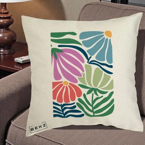 Perna Decorativa Flori Grafice Multicolore Modern, 40x40 cm, Ecru, Husa Detasabila, Perna Inclusa, BEKZ®