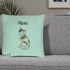 Perna Personalizata Pisica Meow Acuarela, 40x40 cm, Verde Menta, Husa Detasabila, Perna Inclusa, BEKZ®