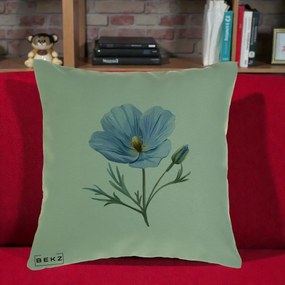 Perna Decorativa Mac Albastru Acuarela, 40x40 cm, Verde, Husa Detasabila, Perna Inclusa, BEKZ®