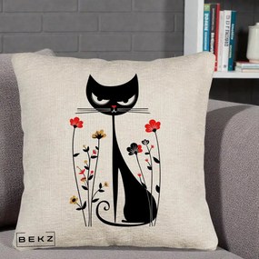 Perna Decorativa Pisica Neagra Grafica Flori Rosii, 40x40 cm, Bej Canapea, Husa Detasabila, Perna Inclusa, BEKZ®