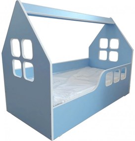Pat tip casuta pentru copii NOVOKIDS™ Magic Blue House, 160x80 CM, Pal 18 mm, Margini anti-lovire, Protectie Laterala cu montare universala, Albastru