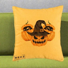 Perna Decorativa Trio Dovleci Jack-o-Lantern cu Palarie Vrajitoare, 40x40 cm, Galben, Husa Detasabila, Perna Inclusa, BEKZ®