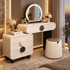 Set RIGA – Masă de Toaletă pentru Machiaj, Oglindă iluminată LED, Control touch, Trei tipuri culoare, Taburet, 80 cm, Alb