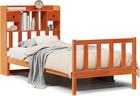 vidaXL Pat cu bibliotecă fără saltea, maro, 100x200 cm, lemn masiv pin