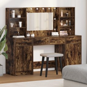 vidaXL Set masă toaletă cu LED, 3 piese, stejar fumuriu lemn prelucrat
