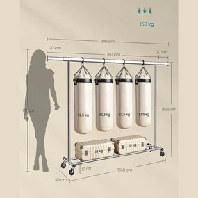 Umeraș pentru haine DOLLY pe roți, max. 150 kg, 45x160-200x161,5cm, argintiu SongmicsHome