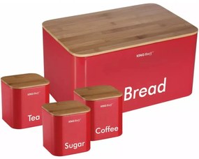 Set cutie de paine rosie cu 3 recipiente otel si capace din bambus Kinghoff KH-1085