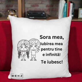 Cadou pentru Sora - Perna Personalizata Sora Mea Te Iubesc Copii Anime Line Art, 40x40 cm, Alb Pufos, Husa Detasabila, Perna Inclusa, BEKZ®