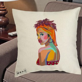 Perna Decorativa Portret Femeie Colorat Pop Art, 40x40 cm, Ecru, Husa Detasabila, Perna Inclusa, BEKZ®