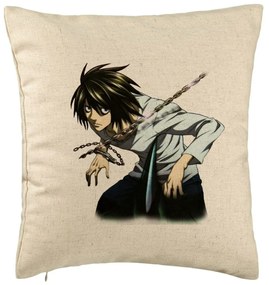 Perna Decorativa cu Death Note L, 40x40 cm, Bej, Husa Detasabila, Burduf