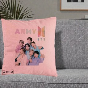 Perna Personalizata K-pop BTS ARMY Fotografie Grup Veseli, 40x40 cm, Roz, Husa Detasabila, Perna Inclusa, BEKZ®