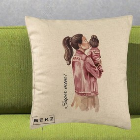 Cadou pentru Mama - Perna Personalizata Super Mom Jachete Roz, 40x40 cm, Bej, Husa Detasabila, Perna Inclusa, BEKZ®