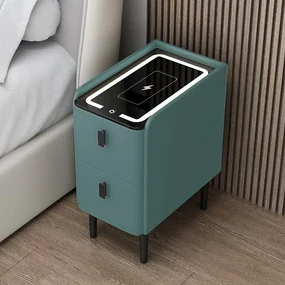 Noptiera inteligenta slim cu incarcare wireless, iluminare LED si 2 sertare &ndash; culoare verde, design modern din sticla si lemn