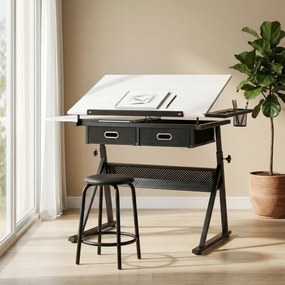 HOMCOM Masă de desen cu taburet și 2 sertare, înălțime reglabilă, blat înclinabil 0° à 60°, 120 x 60 x 68-92 cm, alb | Aosom Romania