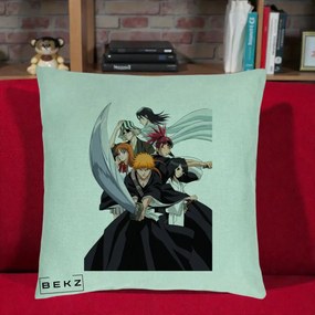 Perna Personalizata Bleach Grup Complet Ichigo si Prietenii, 40x40 cm, Verde Menta, Husa Detasabila, Perna Inclusa, BEKZ®