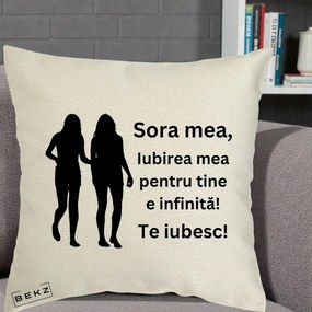 Cadou pentru Sora - Perna Personalizata Sora Mea Te Iubesc Siluete Negre Tinand Maini, 40x40 cm, Ecru, Husa Detasabila, Perna Inclusa, BEKZ®