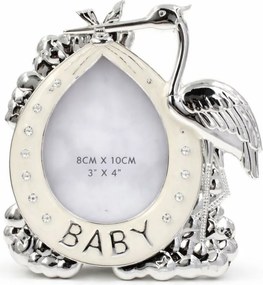 Ramă Foto BABY Barză Argintie AZAY cu Cristale, 8x10 cm, Ramă Foto Nou-Născut, Cadou Botez Băiat sau Fetiță, Cutie Cadou