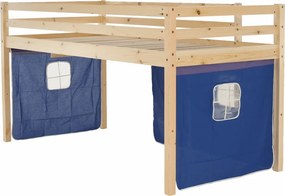 Pat înălţat cu masă PC, lemn de pin/albastru, ALZENA