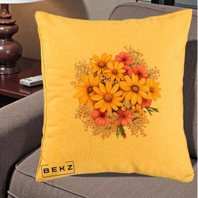 Perna Decorativa Floarea-Soarelui cu Cosmos Roz si Gypsophila, 40x40 cm, Galben, Husa Detasabila, Perna Inclusa, BEKZ®