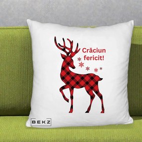 Perna Decorativa Ren Tartan Craciun Fericit, 40x40 cm, Alb Pufos, Husa Detasabila, Perna Inclusa, BEKZ®