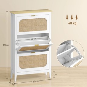 HOMCOM Dulap pentru încălțăminte 21 perechi boem cu 3 sertare rabatabile, uși cu efect cannage ratan, 80 x 24 x 131 cm, alb | Aosom Romania