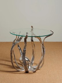 Măsuță laterală sculptată rotundă din aluminiu și sticlă, argintiu, cu bază în formă de caracatiță, 53 x 53 cm, „Octopus”