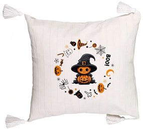 Perna Decorativa cu Franjuri cu motiv de Halloween 7, 45x45 cm, Ecru, Cu fermoar