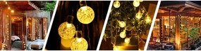 Ghirlandă solară decorativă LED, 50 LED, 8 funcții, acumulator 500 mAh, 9,5 m, IP67, alb cald