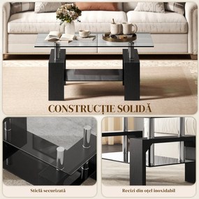 HOMCOM Măsuță de Cafea Modernă cu 2 Nivele din Lemn și Oțel cu Blat din Sticlă Temperată, 90x50x42 cm, Negru | Aosom Romania
