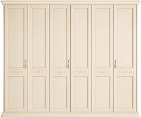 Dulap lemn masiv crem 6 Uși Bologna Patinat, 291 × 65 × 240 cm - Cu patru usi cu oglinzi