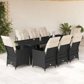 3277257 vidaXL Set bistro de grădină, 9 piese, cu perne, negru, poliratan