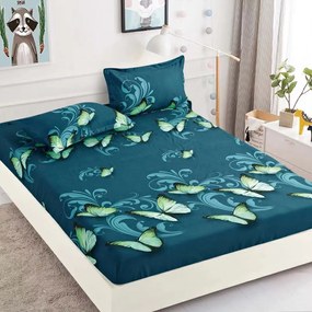 Husa de pat cu elastic si 2 fete de perna, tesatura tip finet, pat 2 persoane, albastru / verde, HBF-108