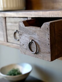 Etajeră de perete din lemn reciclat, natur, cu 1 raft, 3 sertare și mânere în formă de inel, aspect rustic, 15 x 36 x 12 cm, „Grimaud”