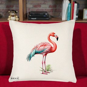 Perna Decorativa Flamingo Roz cu Pene Teal, 40x40 cm, Crem Reliefat, Husa Detasabila, Perna Inclusa, BEKZ®