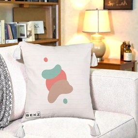 Perna Decorativa Abstract Forme Fluide Coral, 40x40 cm, Bej cu Franjuri, Husa Detasabila, Perna Inclusa, BEKZ®