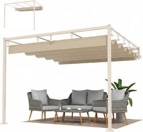 Outsunny Pergolă de perete pentru grădină 3x3 m cu acoperiș retractabil, protecție UPF30+, drenaj, pavilion de grădină pentru exterior, bej | Aosom Romania