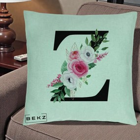 Cadou Personalizat - Perna Personalizata Monograma Florala Litera Z cu Buchet, 40x40 cm, Verde Menta, Husa Detasabila, Perna Inclusa, BEKZ®