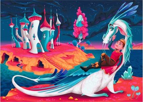 Tablou pe sticlă - Prinț și prințesa cu dragon (70x50 cm)