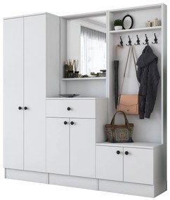 Pantofar Cuier Hol Genus cu 6 usi si oglinda, Alb, 180 x 183 x 37 cm